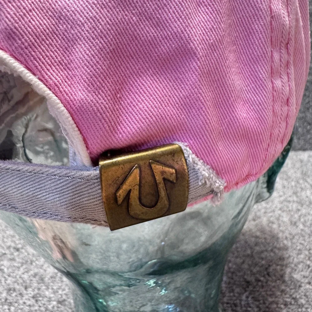 True Religion Baseball Cap Unisex OS Pink Grey Distressed Y2K Streetwear Hat